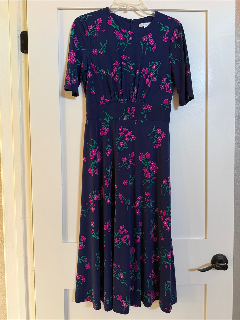London Times Navy Midi Dress with Hot Pink Blossoms